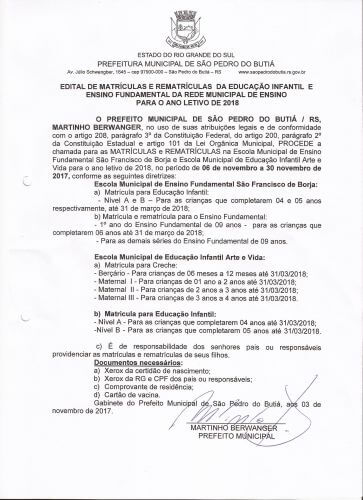 Edital de Matrículas e Rematrículas para o Ano Letivo de 2018